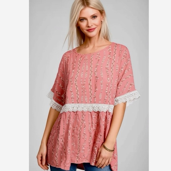 HAPTICS by HOLLY HARPER Pink Cottage Floral Rayon Crochet Short Sleeve Blouse - Picture 1 of 12